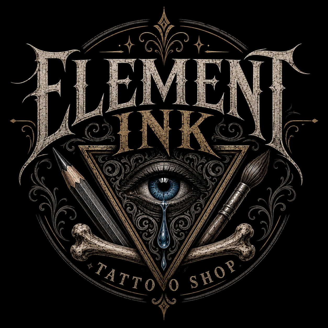 Element Ink Tattoo Shop emblem featuring a blue eye, gold triangle, pencil, paintbrush, and crossed bones
